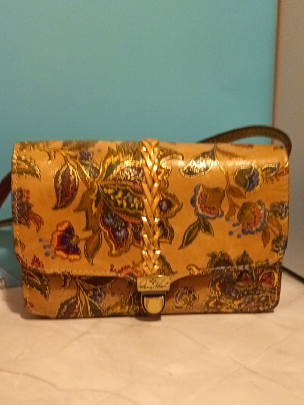 Patricia Nash Yellow Floral Embossed Leather Crossbody with Braided Trim